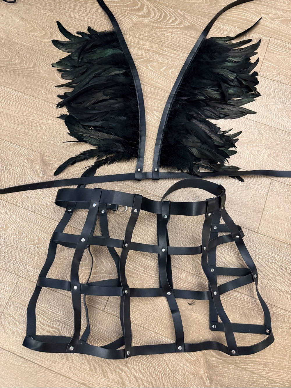 Black Feather Wing and Cage Skirt Kids Costume Set